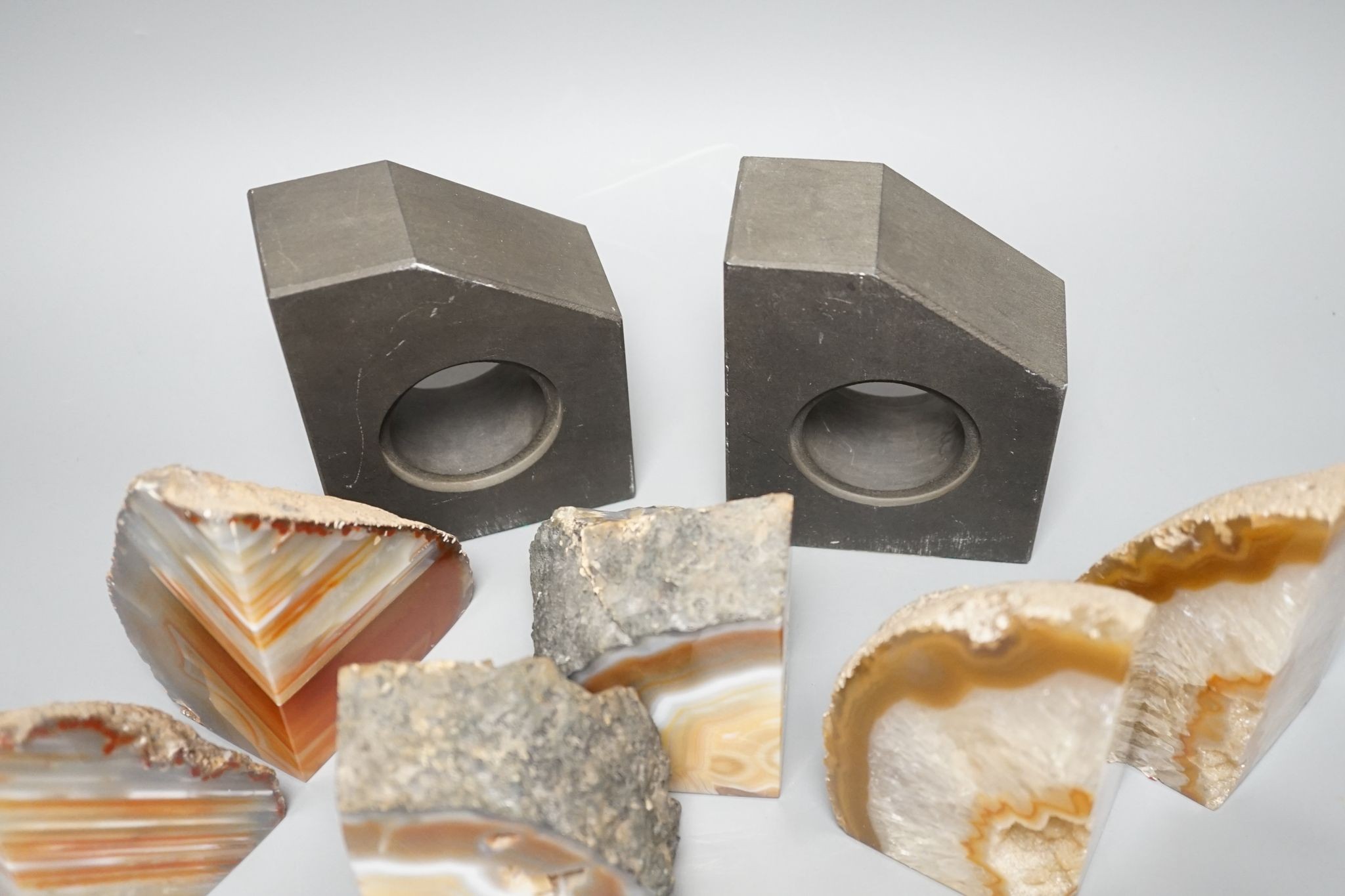 Three pairs of agate geode and a pair of slate bookends